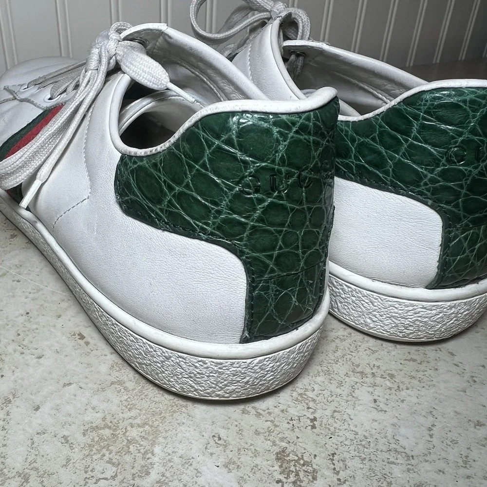 Authentic Gucci Ace Leather Sneakers Green Croc Trim Classic Web Striped Size 40